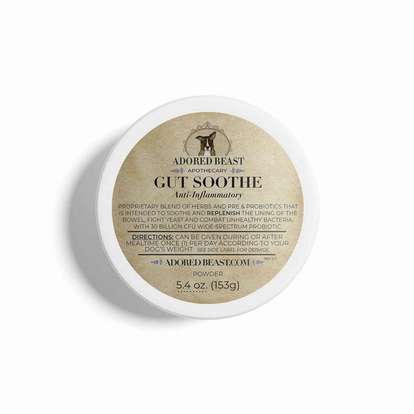 Canine Gut Soothe pre and probiotic with anti-inflammatory herbs by Adored Beast, 153g jar