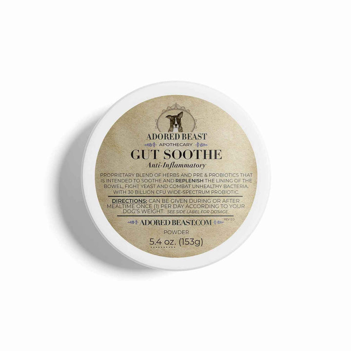 Jar of Canine Gut Soothe, a pre and probiotic powder with marshmallow root and slippery elm for dogs
