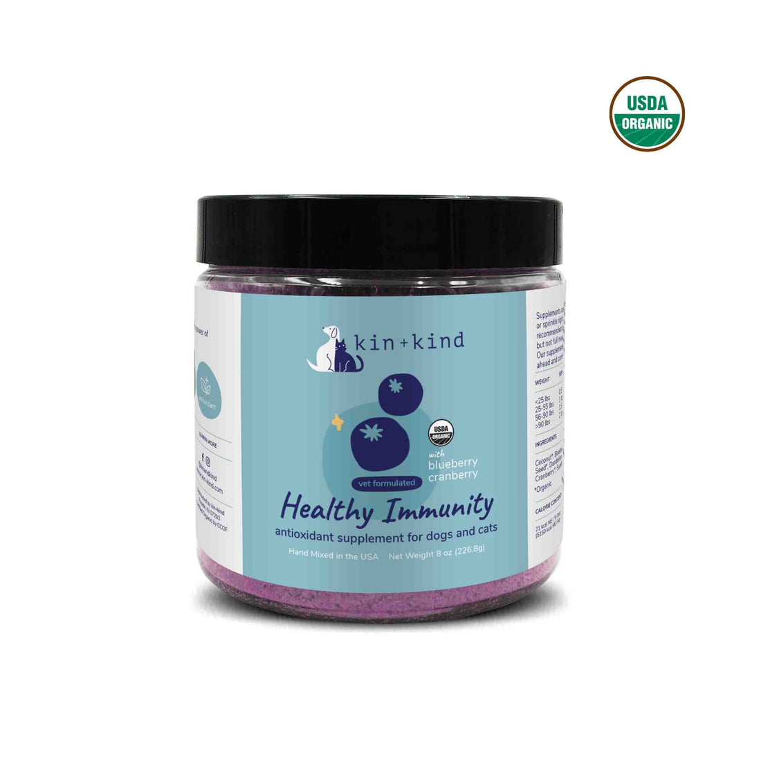 Healthy immunity antioixidant supplement for dogs and cats with blueberries and cranberries usda organic front of jar 