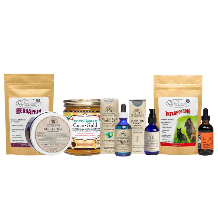 Hip Dysplasia Support Bundle for dogs with algae omega 3 oil, turmeric golden oil, organic herbal blends and a gut probiotic