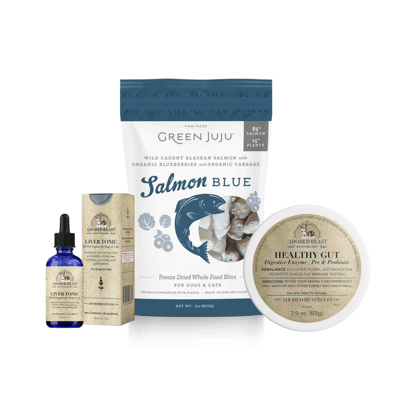 Kibble Boost Bundle for dogs on a kibble diet including Salmon Blue, Liver Tonic, and Healthy Gut supplement