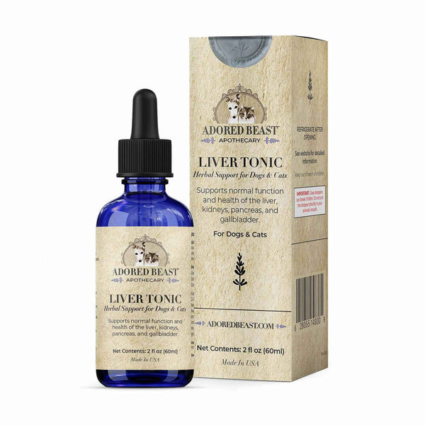 Adored Beast Liver Tonic herbal tincture for dogs and cats, bottle with box
