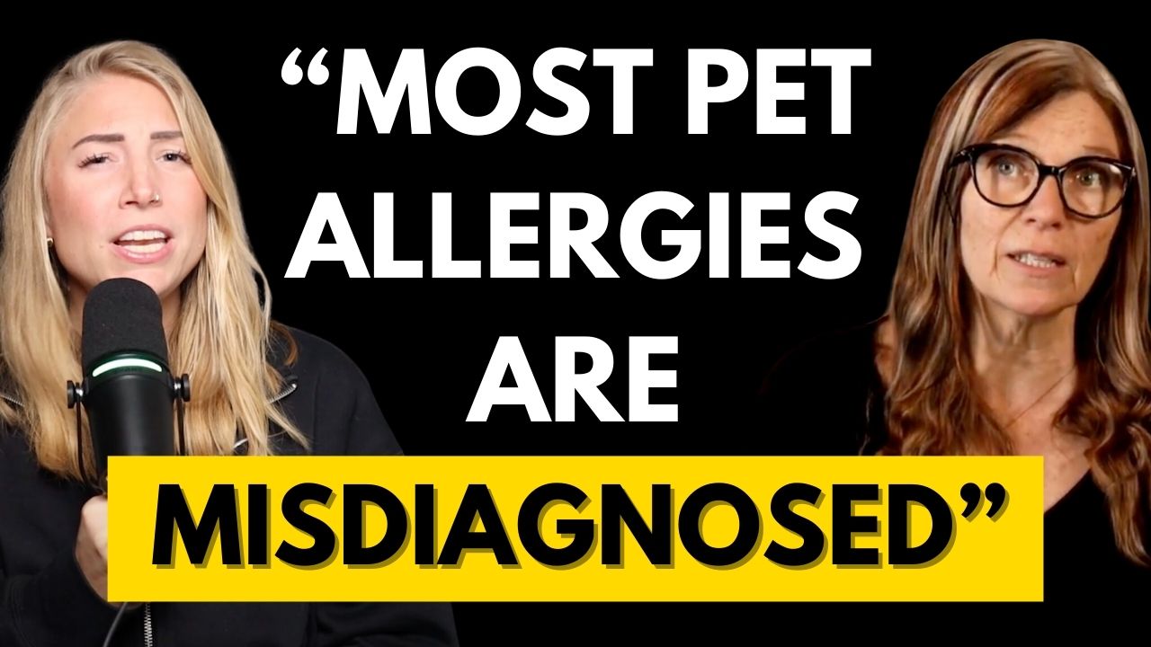 Charly and Julie Ann Lee with a microphone and text overlay about pet allergies on a black background