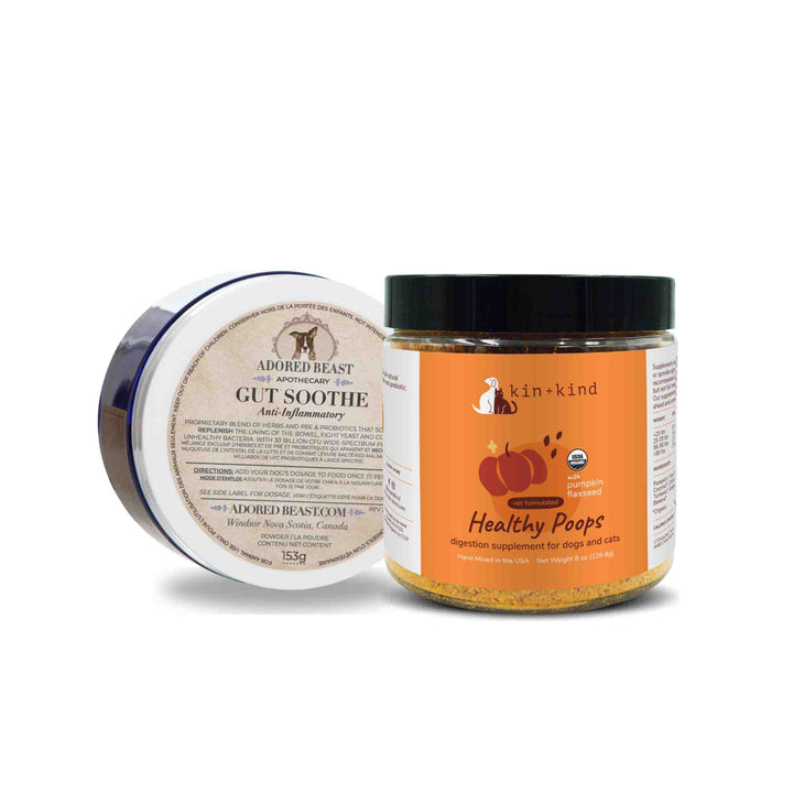 Gut Soothe pre and probiotic jar beside Organic Healthy Poops fibre supplement for dogs with diarrhea