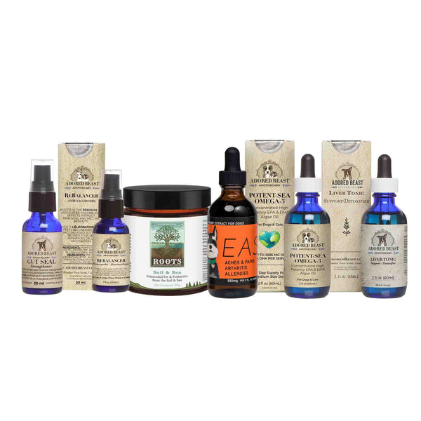 SIBO Support Bundle for Dogs containing Soil & Sea, EASE oil, Liver Tonic, Rebalancer, Gut Seal and Potent-Sea