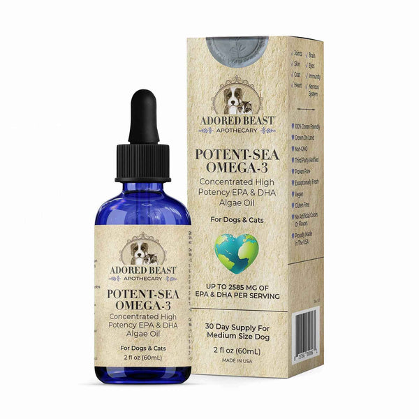 Potent-Sea Omega-3 algae oil with EPA and DHA for dogs and cats by Adored Beast, bottle with box