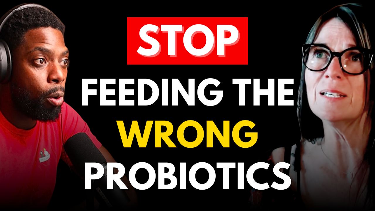 Larry and Julie Ann Lee with a bold text overlay about probiotics on a black background