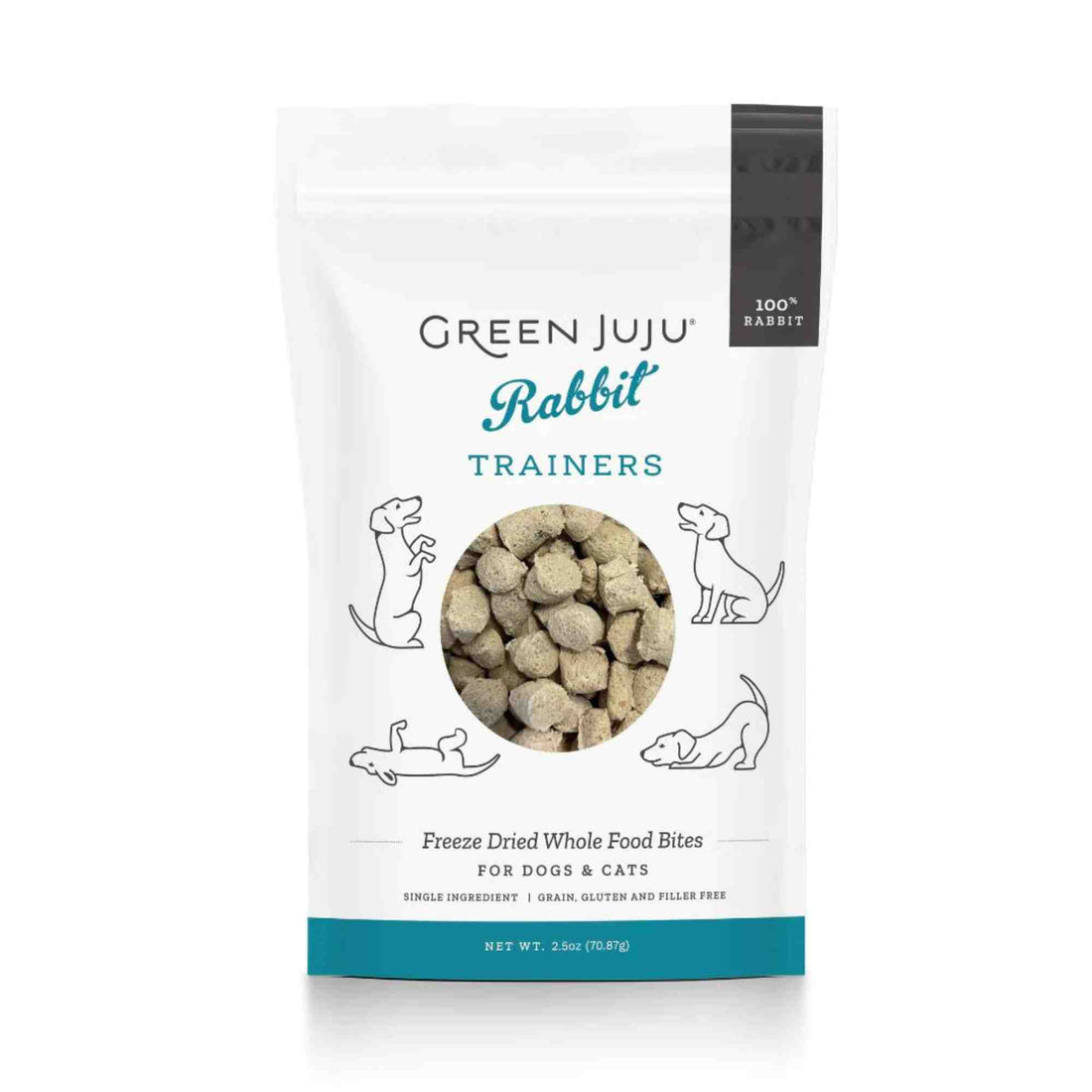 Rabbit trainers freeze dried whole food bites for dogs and cats single ingredient front of bag - green juju