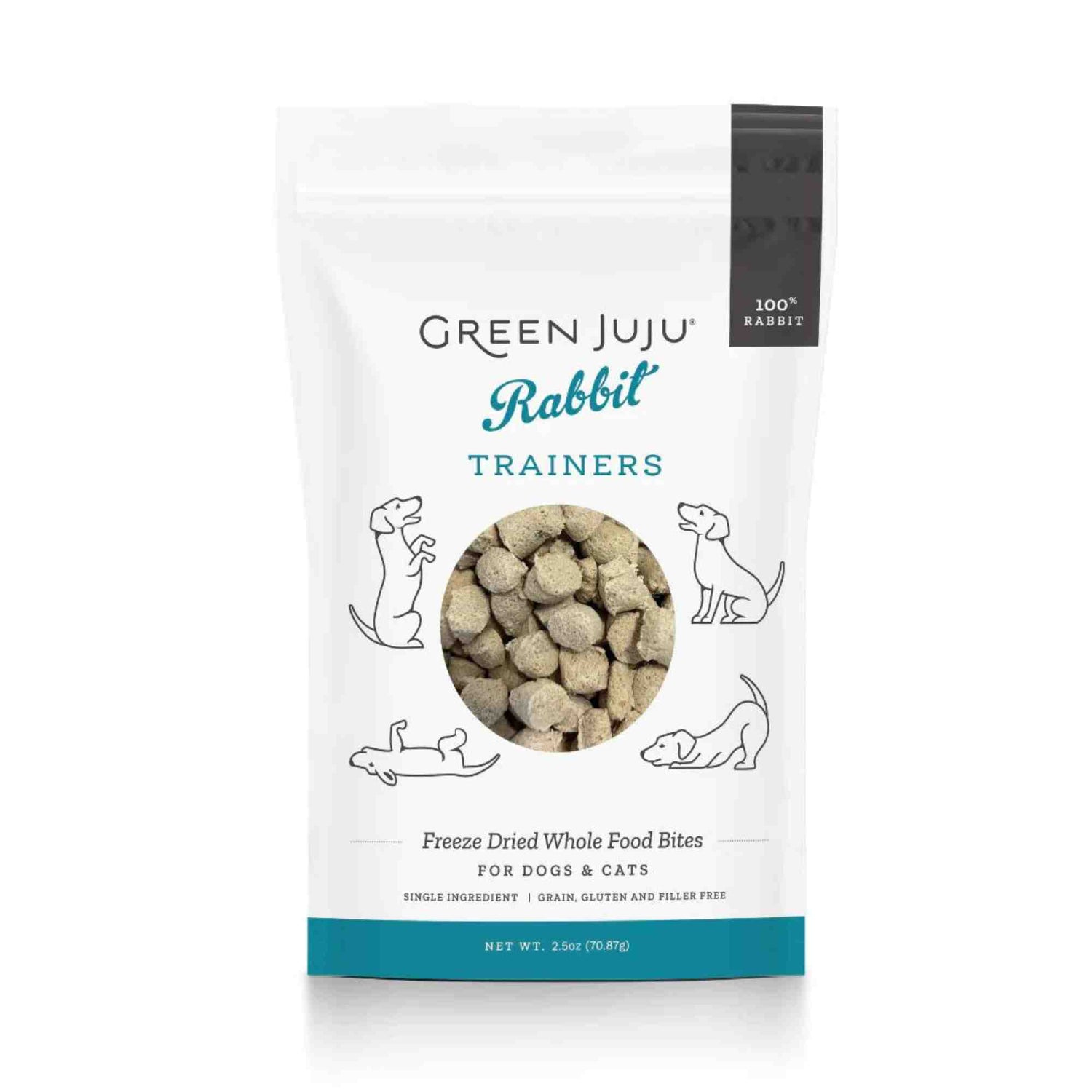 Rabbit trainers freeze dried whole food bites for dogs and cats single ingredient front of bag - green juju