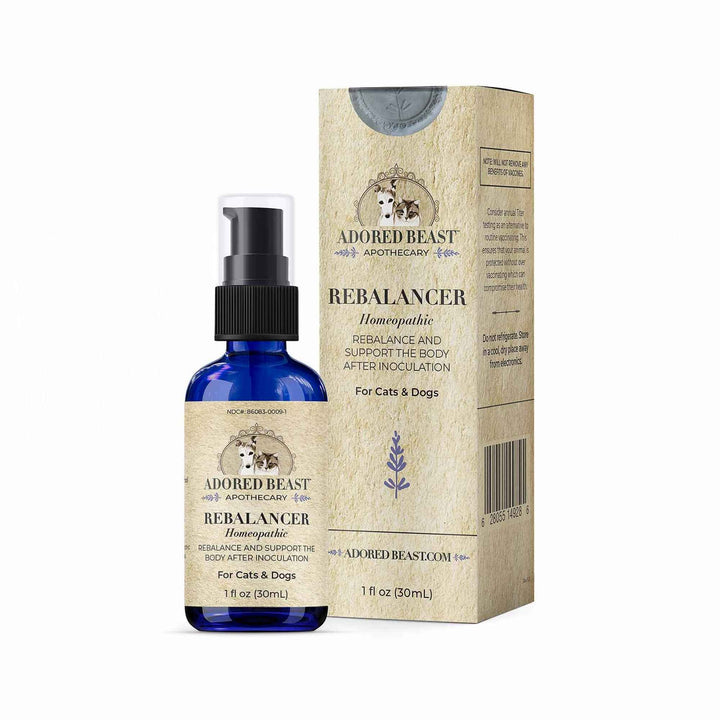 Adored Beast Rebalancer homeopathic vaccination support remedy for dogs and cats, bottle with box