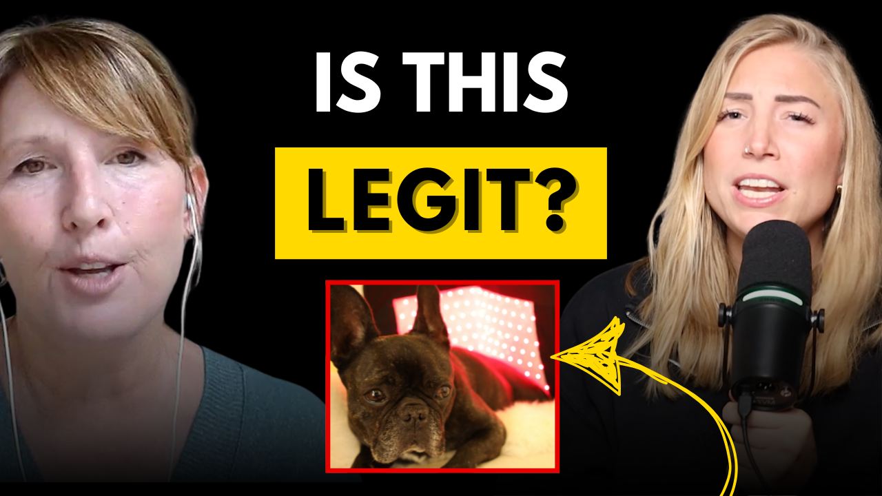Two people with a dog in the center using Redlight Therapy and text 'IS THIS LEGIT?' on a black background