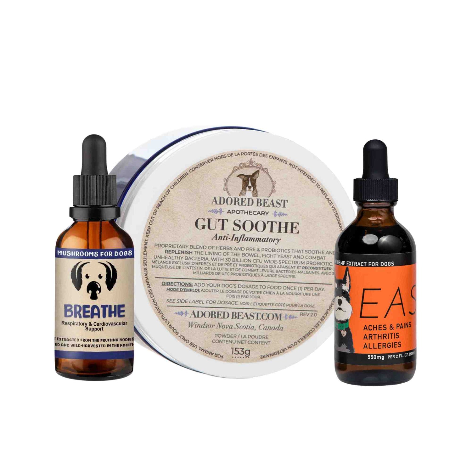 Respiratory Support Bundle Breathe by Myco Dog Gut Soothe by Adored Beast and EASE by CBD Dog Health