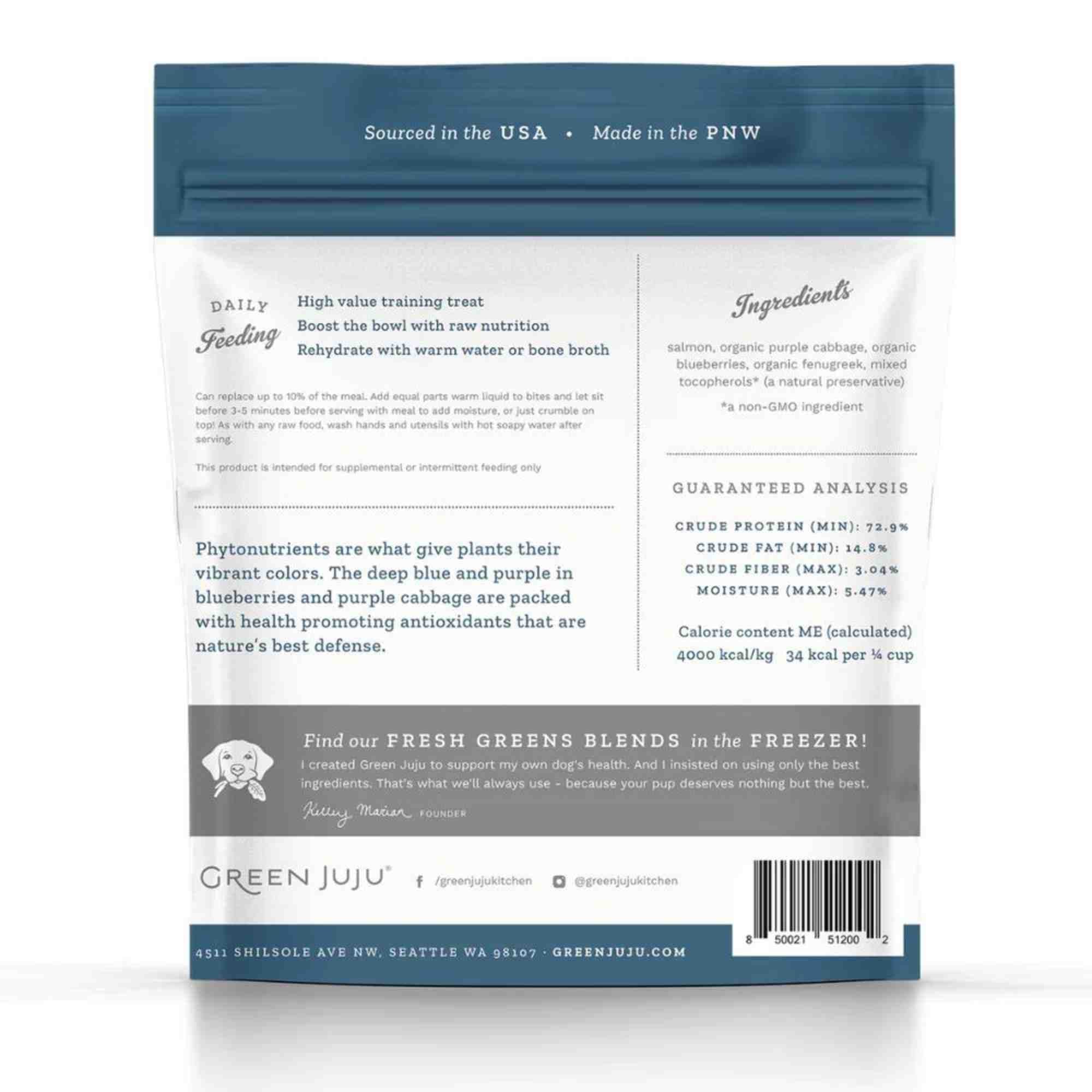 Salmon Blue Freeze Dried Whole Food bites for dogs and cats back of bag with feeding instructions and ingredients green juju