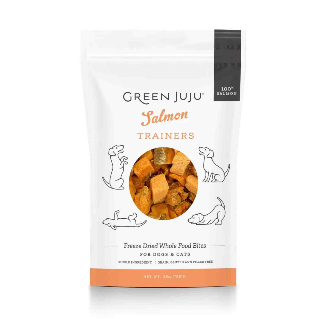 Salmon Trainers - Freeze Dried Whole food bites for dogs and cats single ingredient - green juju - front of bag