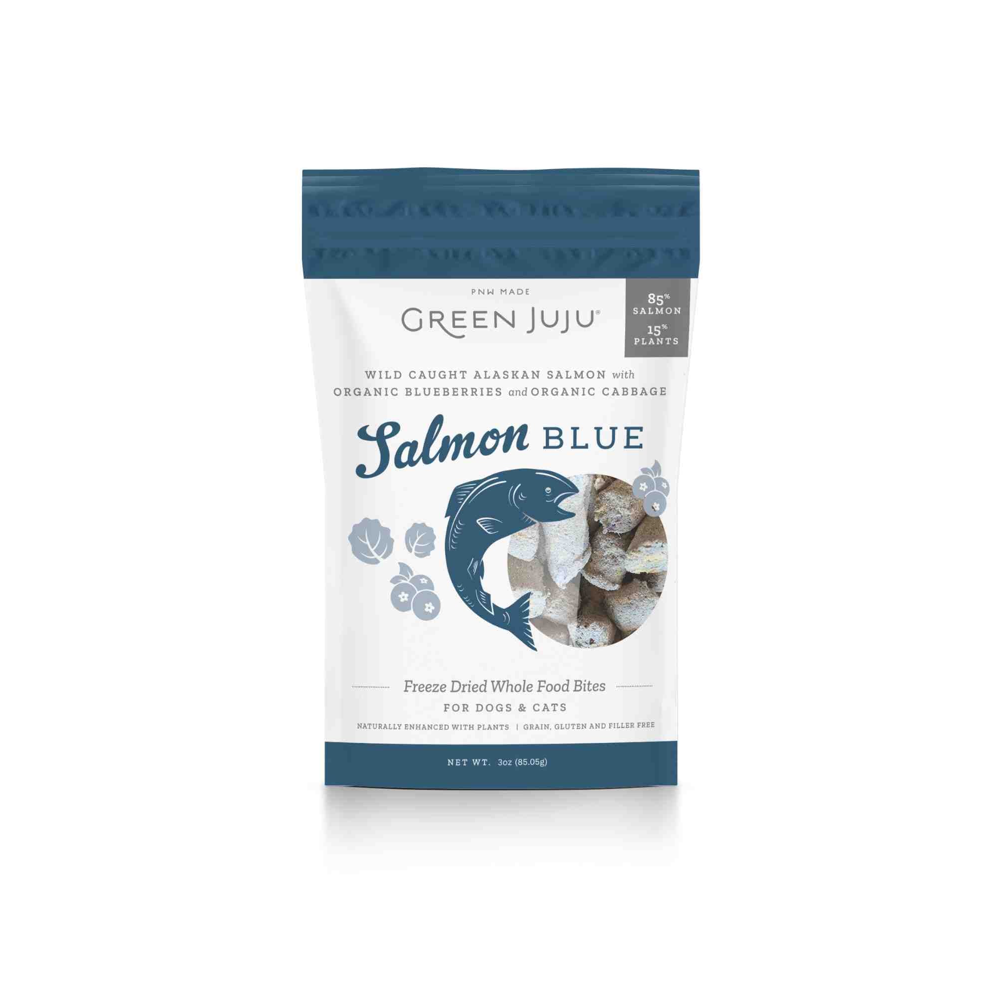 Salmon Blue Freeze Dried Whole Food bites for dogs and cats front of bag green juju