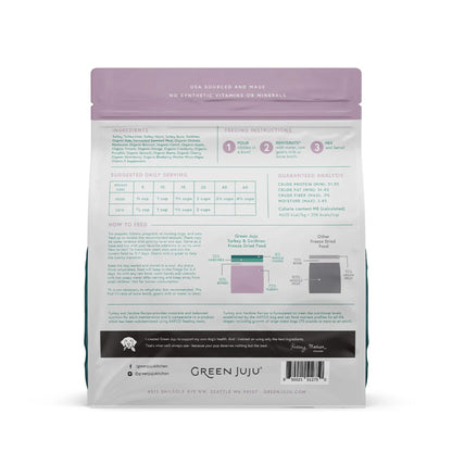 Turkey &amp; Sardine Dreeze Dried Raw Ingredient List, feeding instructions, and guaranteed analysis. Back of bag by Green Juju