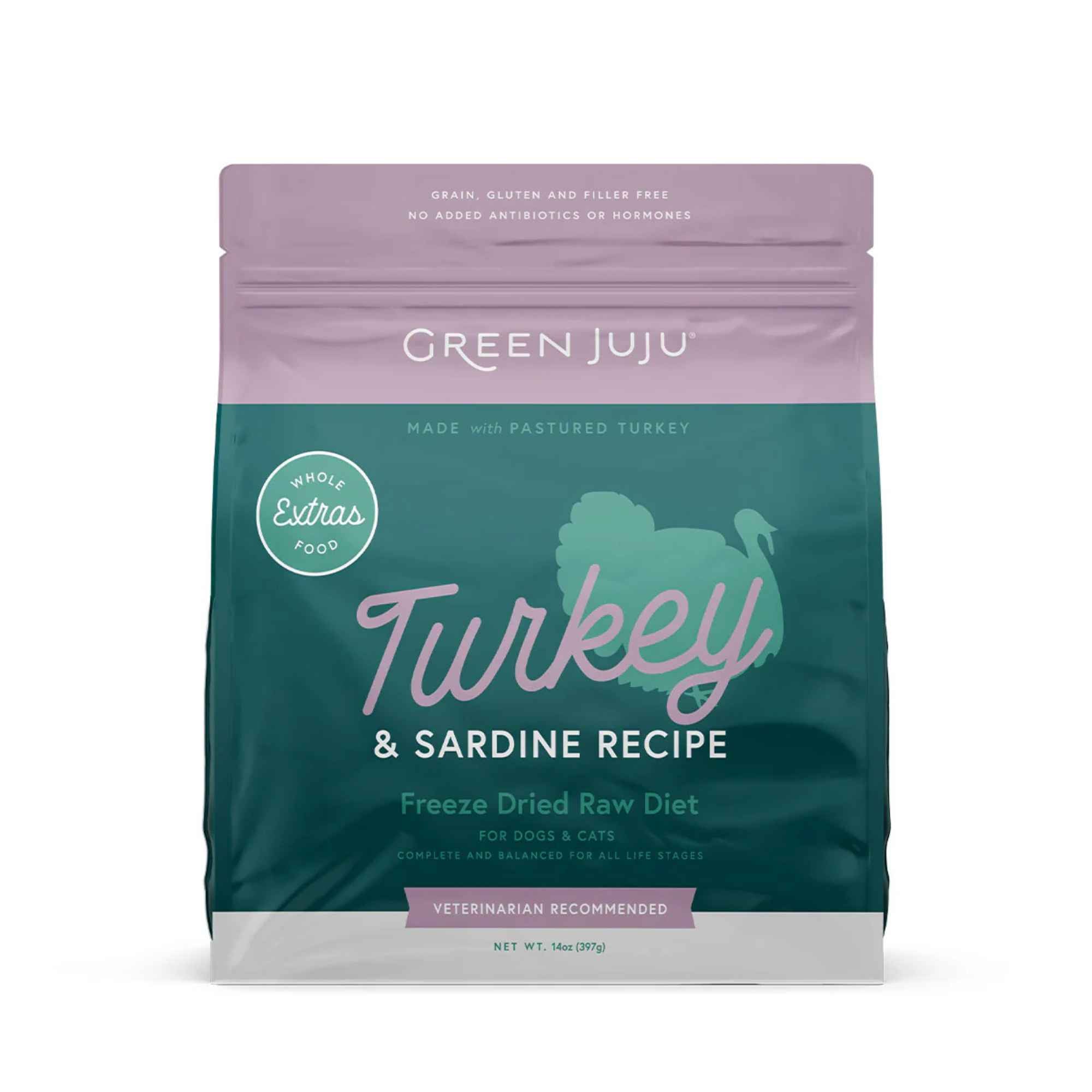 Green Juju Turkey &amp; Sardine Recipe freeze dried raw package in a 14oz bag on a white background