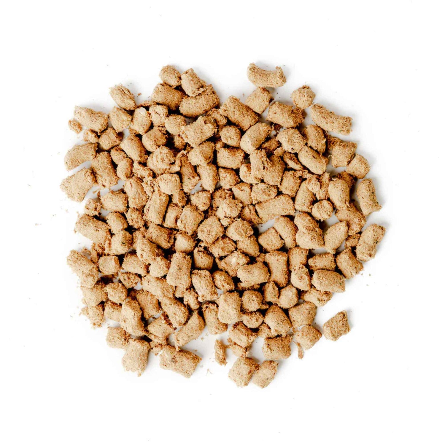 Pile of turkey &amp; sardine recipe freeze dried raw pet food on a white background