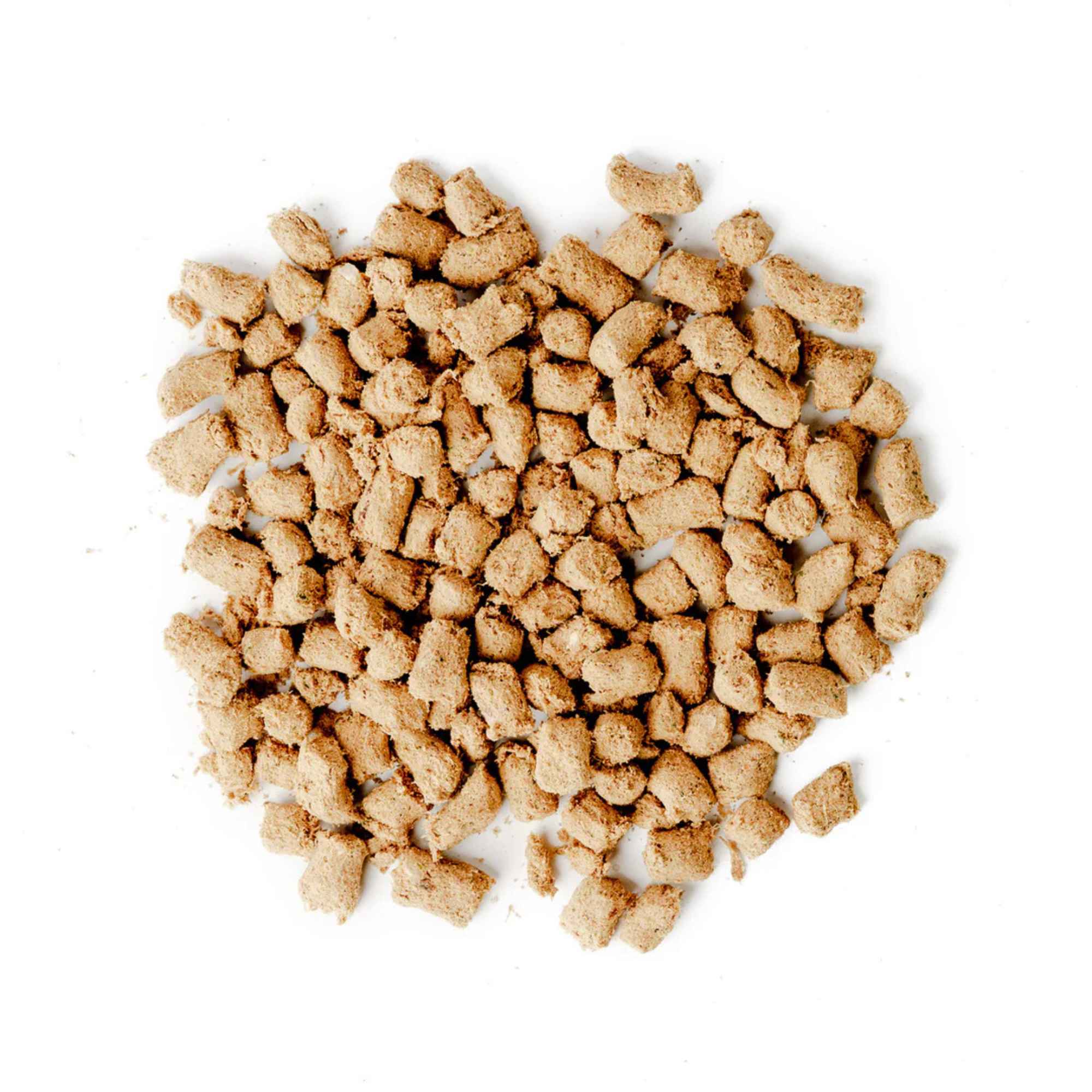 Pile of turkey &amp; sardine recipe freeze dried raw pet food on a white background