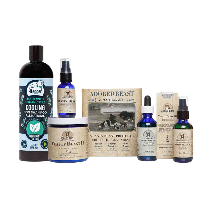 Yeasty Dog Support Bundle for dogs with itchy paws and yeast, containing the Yeasty Beast Protocol, cooling organic peppermint shampoo and topical yeast spray