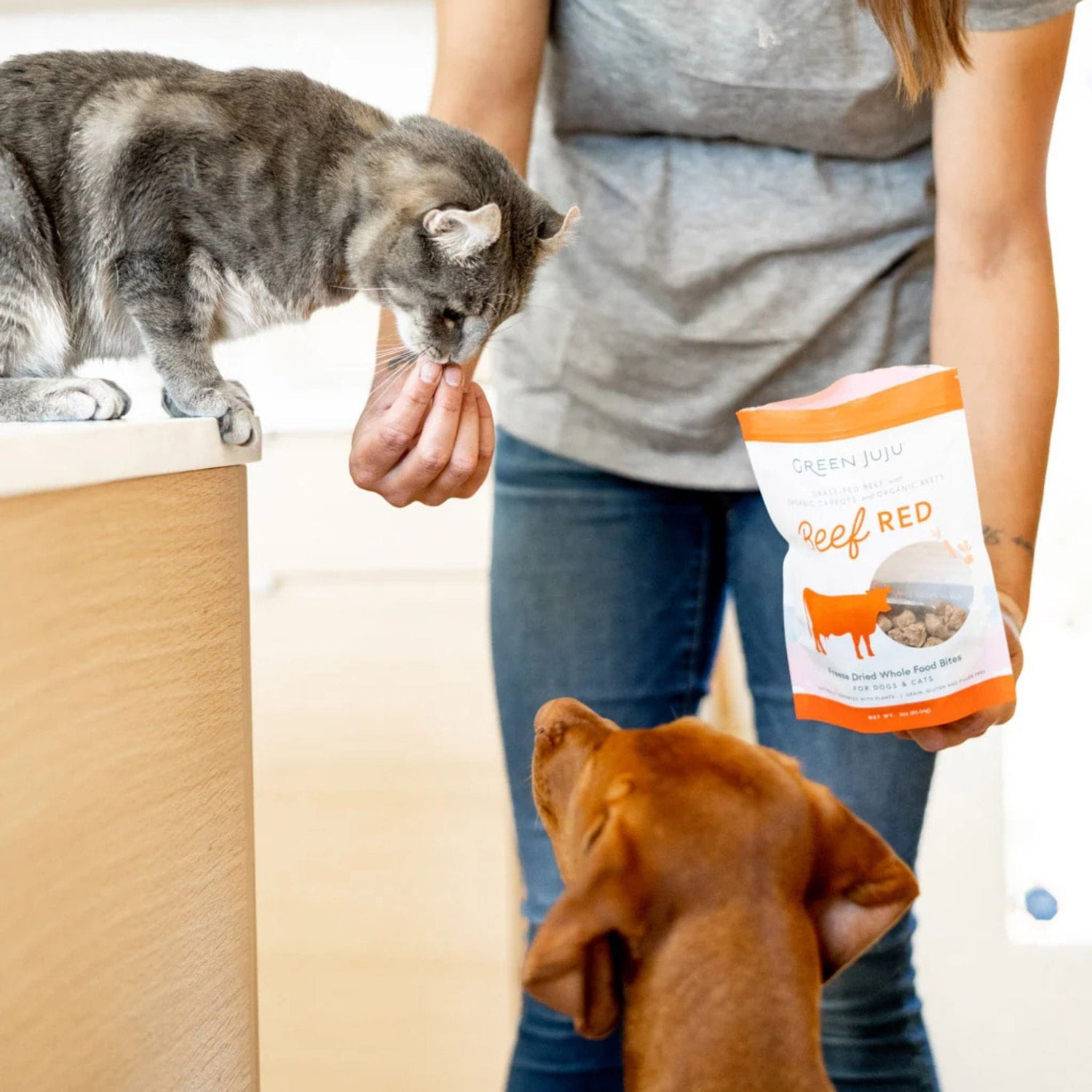green juju beef red treats being fed to a cat and dog