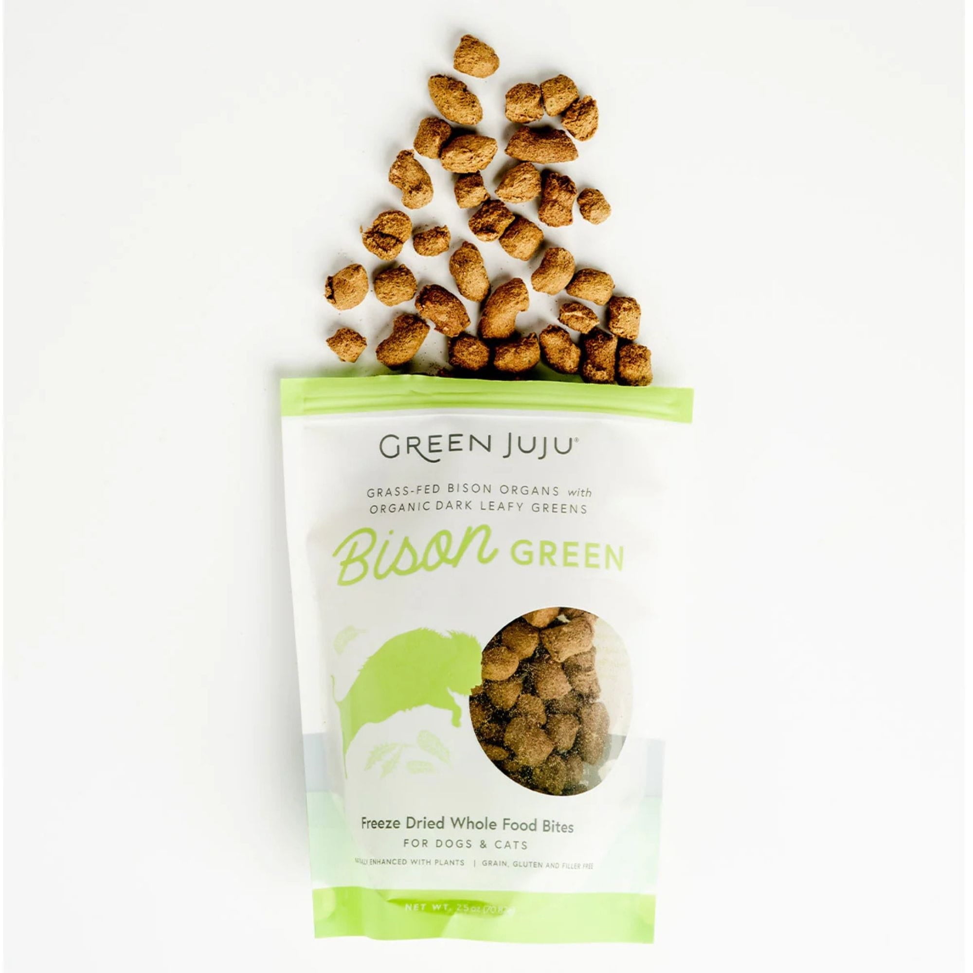 green juju bison green whole food bites treats coming out of bag