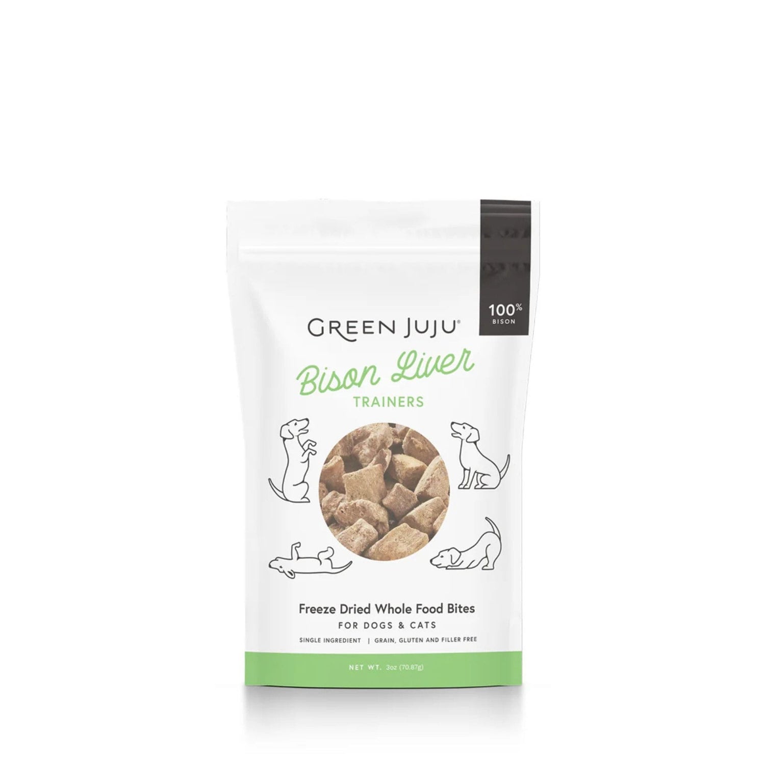 green juju bison liver trainers for cats and dogs front of bag