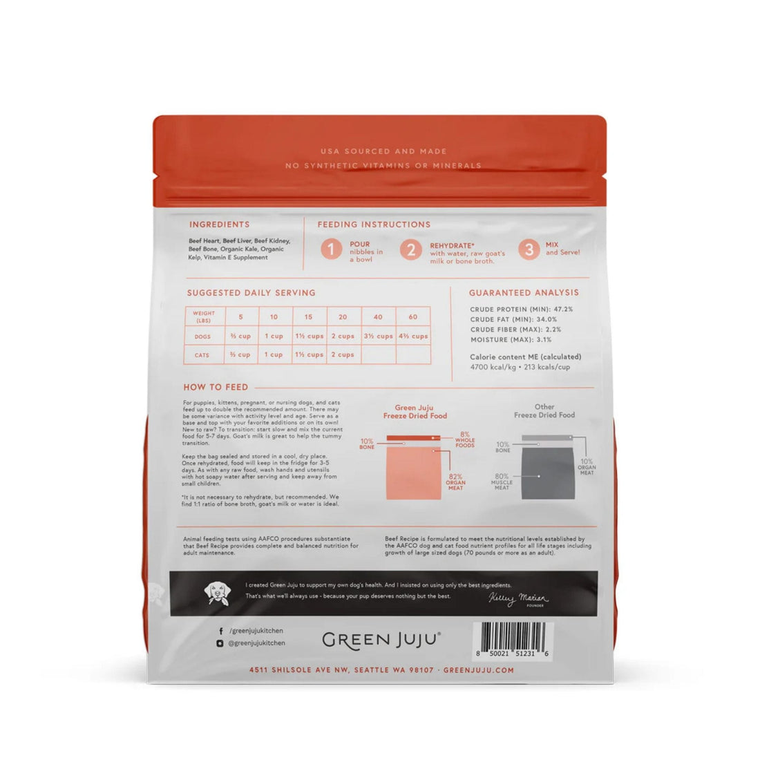 green juju freeze-dried raw beef recipe back of bag