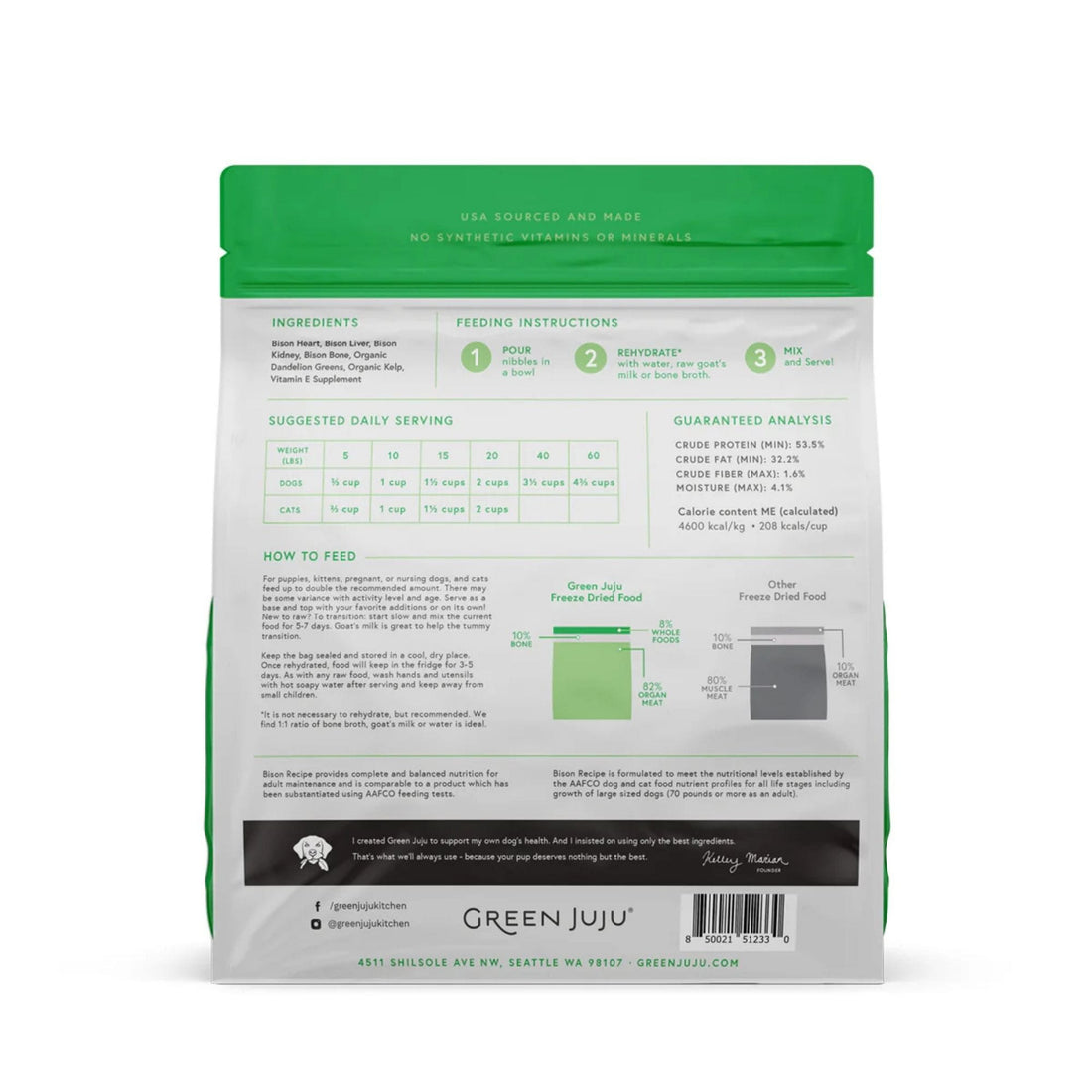 green juju freeze-dried raw bison recipe back of bag