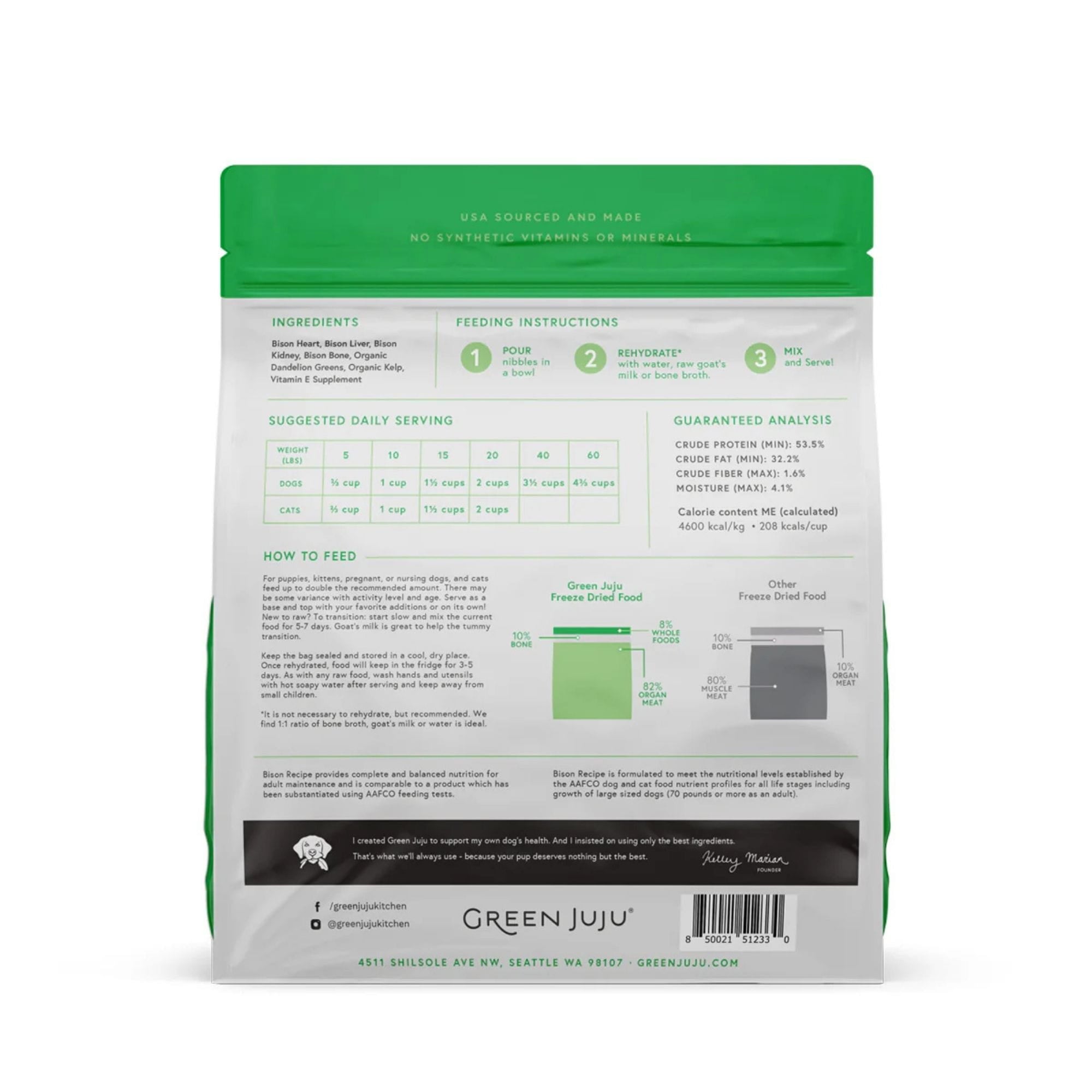 green juju freeze-dried raw bison recipe back of bag