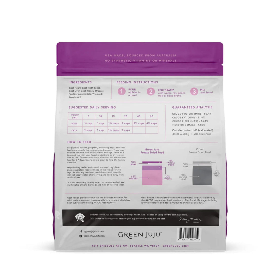 green juju freeze-dried raw goat recipe back of bag