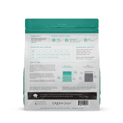 green juju freeze-dried raw rabbit with duck liver recipe back of bag