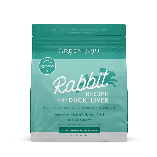 Green Juju Rabbit Recipe with Duck Liver freeze-dried raw dog food, a hypoallergenic novel protein for dogs with food sensitivities