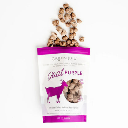 green juju goat purple whole food bites treats coming out of bag