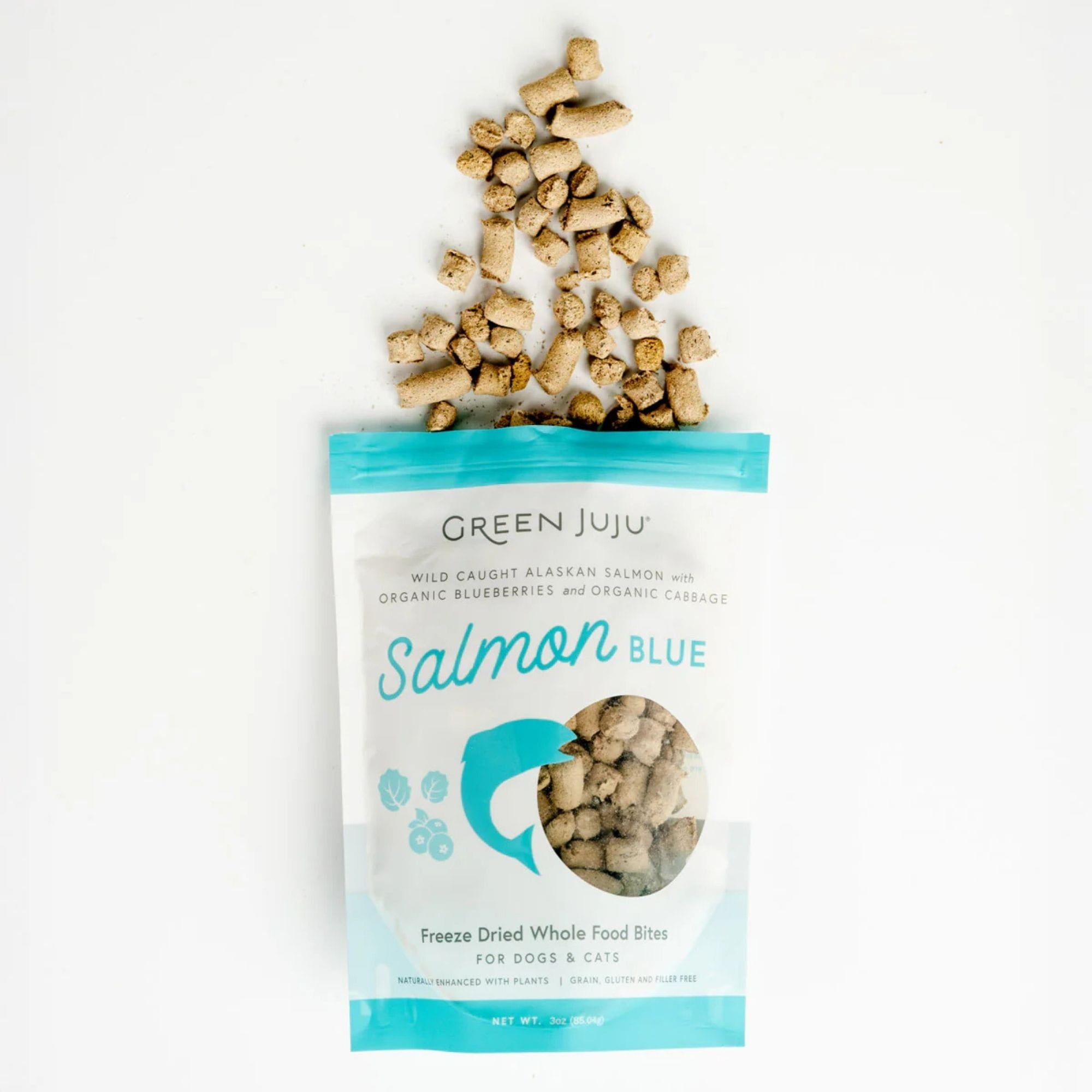 green juju salmon blue whole food bites treats coming out of bag