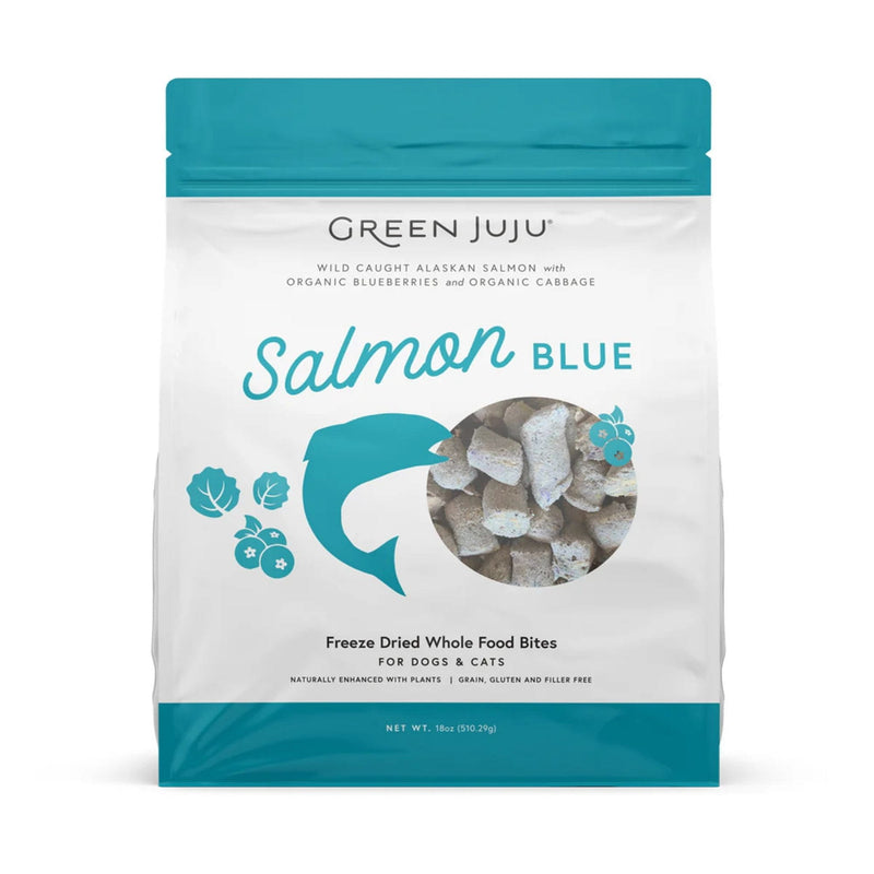 Green Juju Salmon Blue freeze dried whole food bites for dogs and cats, front of bag