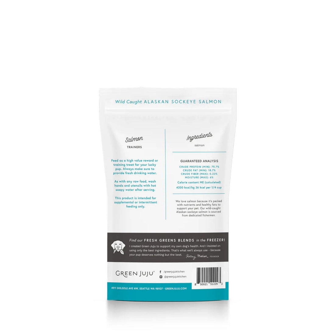 Green juju salmon trainers for dogs and cats back of bag