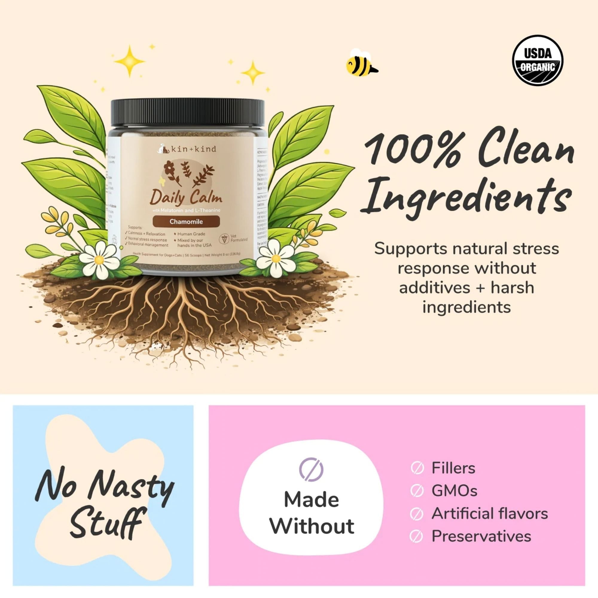 Kin+Kind Daily Calm jar with green leaves and roots on a beige background, featuring USDA Organic logo and text about clean ingredients.