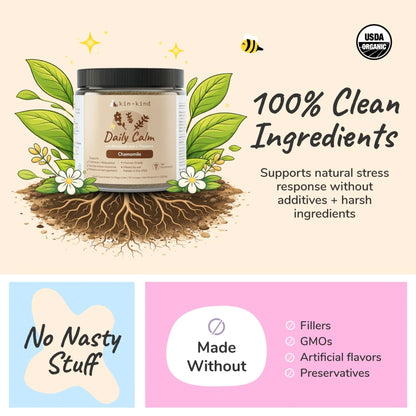 Kin+Kind Daily Calm jar with green leaves and roots on a beige background, featuring USDA Organic logo and text about clean ingredients.