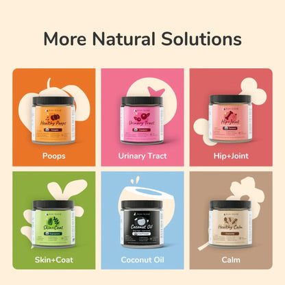 Kin+Kind Collection of pet supplements with labels for different health issues on a beige background.