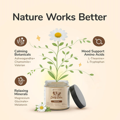 Kin+Kind Daily Calm with natural elements and text on a beige background