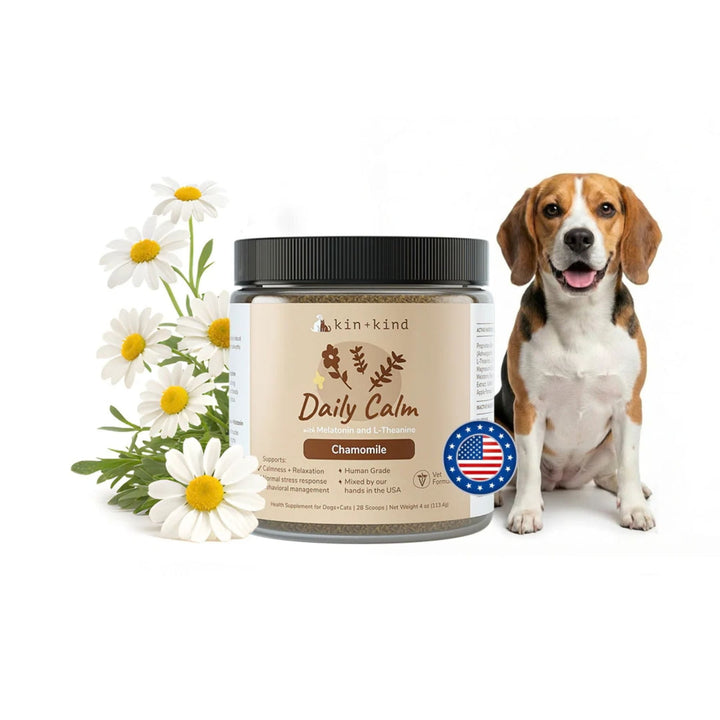 Jar of kin and kind Organic Daily Calm supplement with chamomile for dogs and cats, USDA certified organic