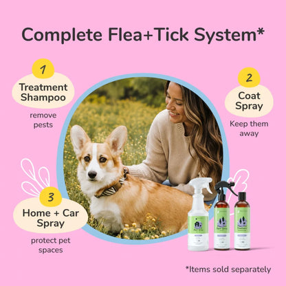 Kin+Kind flea and tick products with a woman and dog on a pink background
