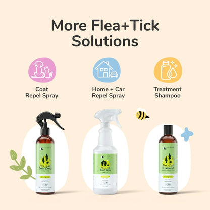 Kin+Kind Flea and tick solutions with product bottles on a beige background