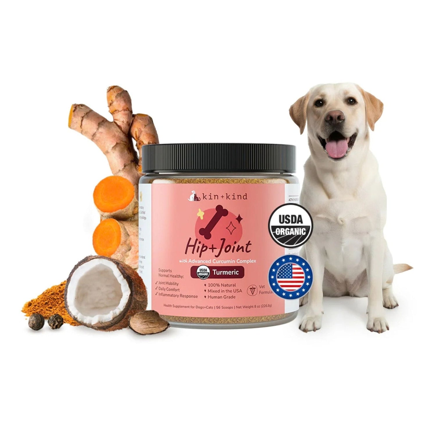 Jar of kin+kind Hip+Joint supplement for dogs with a dog and turmeric root on a white background