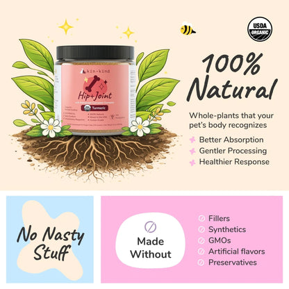 Kin+kind healthy hip and joint jar with natural ingredients and branding elements on a beige background