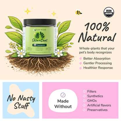 Jar of kin+kind Skin + Coat supplement with natural elements and USDA Organic label on a beige background