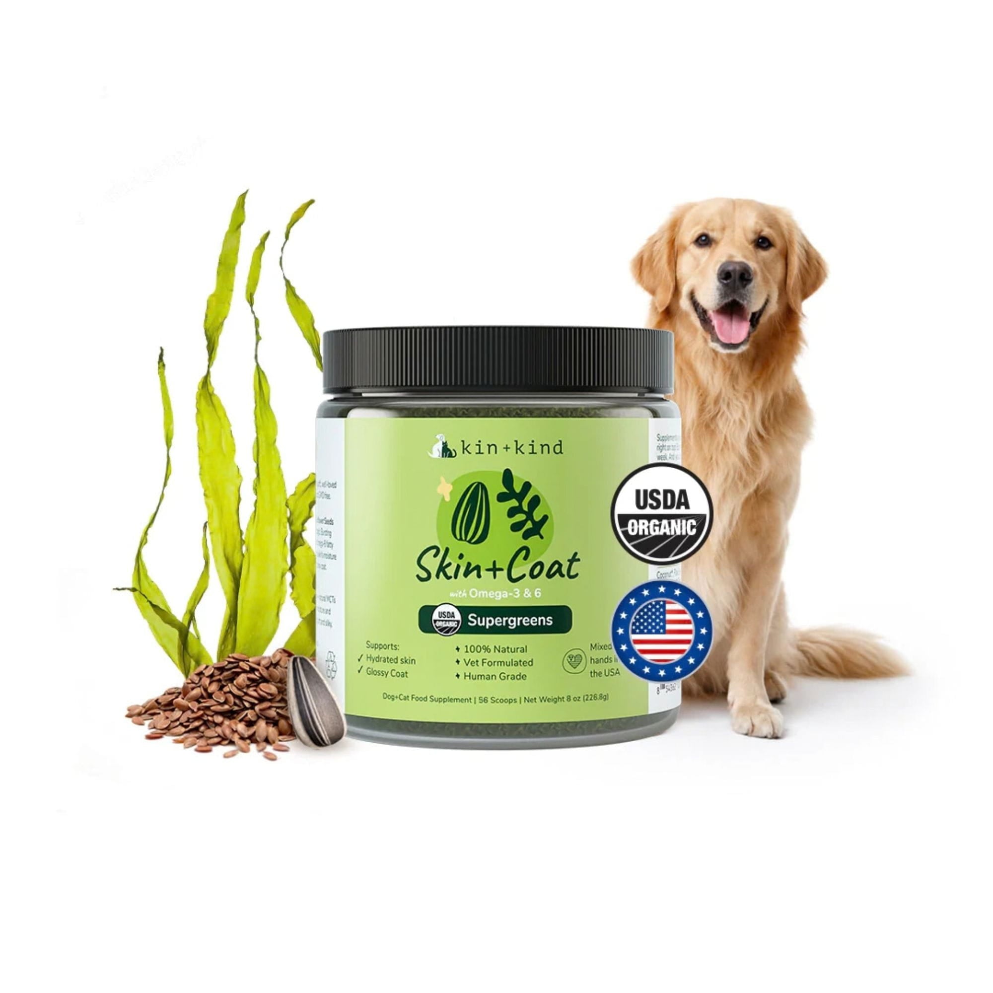 Jar of kin+kind Skin + Coat supplement for dogs with a dog and seaweed on a white background