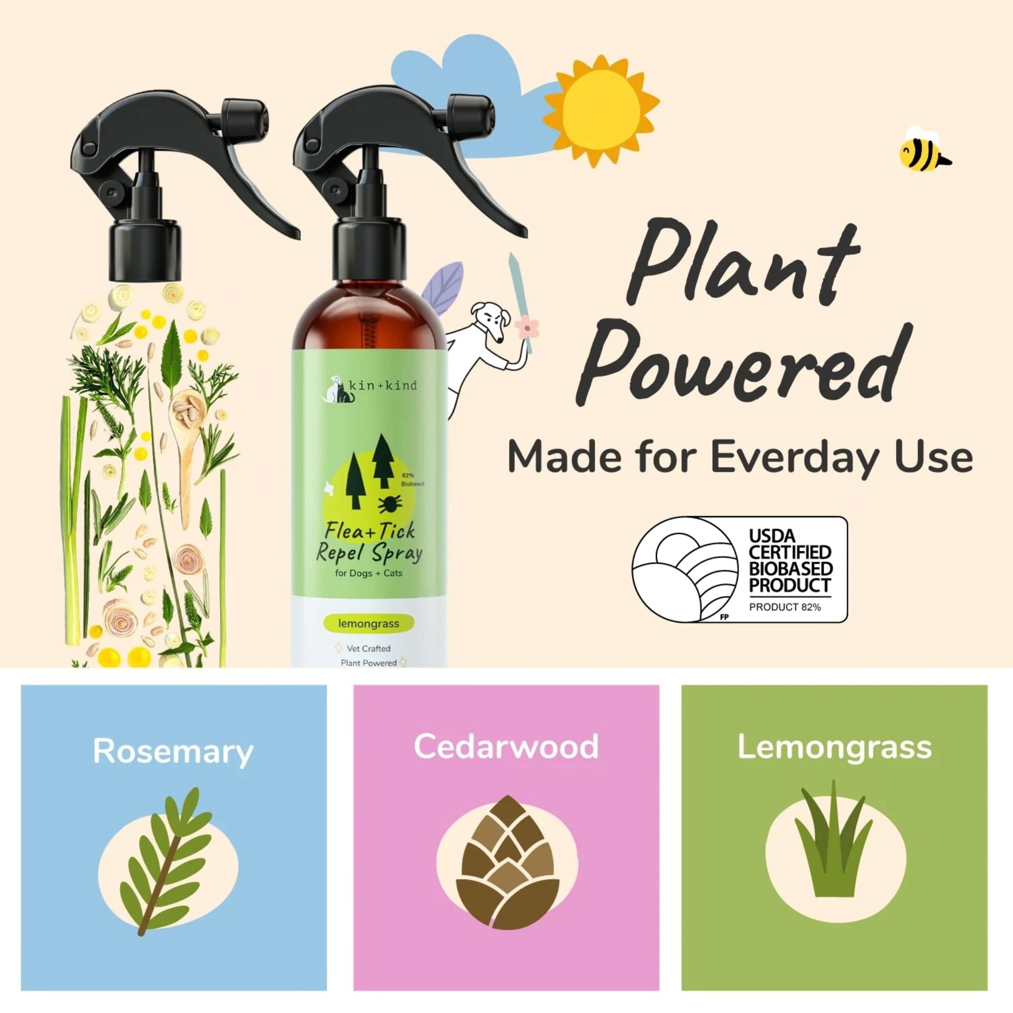 Kin+kind Flea tick repellent spray bottles with plant-based ingredients and certification logos on a light beige background.