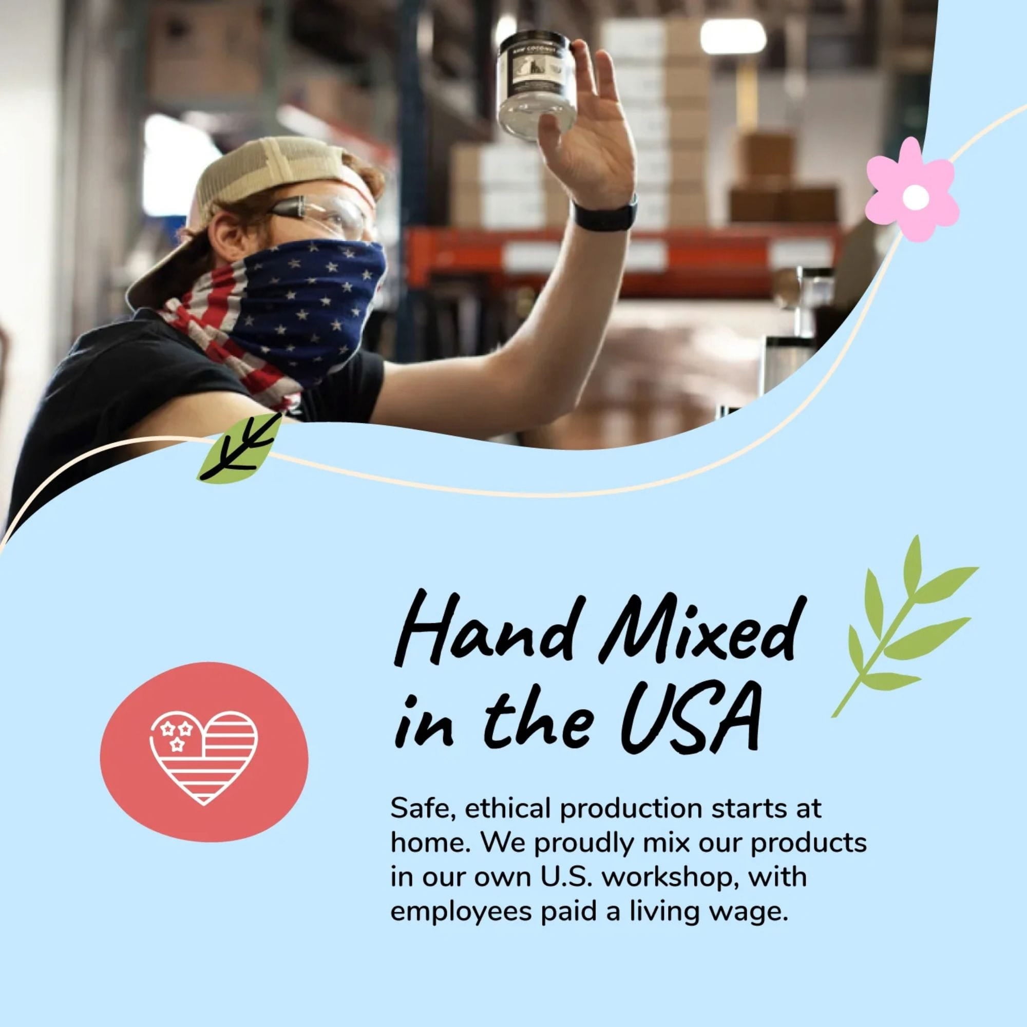 Person holding a product with text about hand-mixed USA production of Kin+Kind